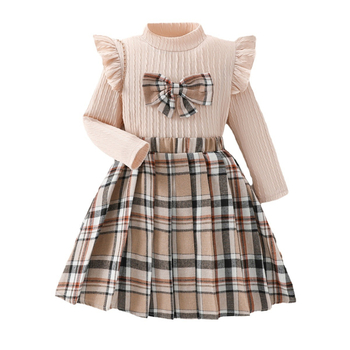 Πλεκτό φούτερ για κορίτσια Autumn Export με μακριά μανίκια, ριγέ κοστούμι, ευρωπαϊκή καρό φούστα, παιδική πλισέ φούστα δύο τεμαχίων