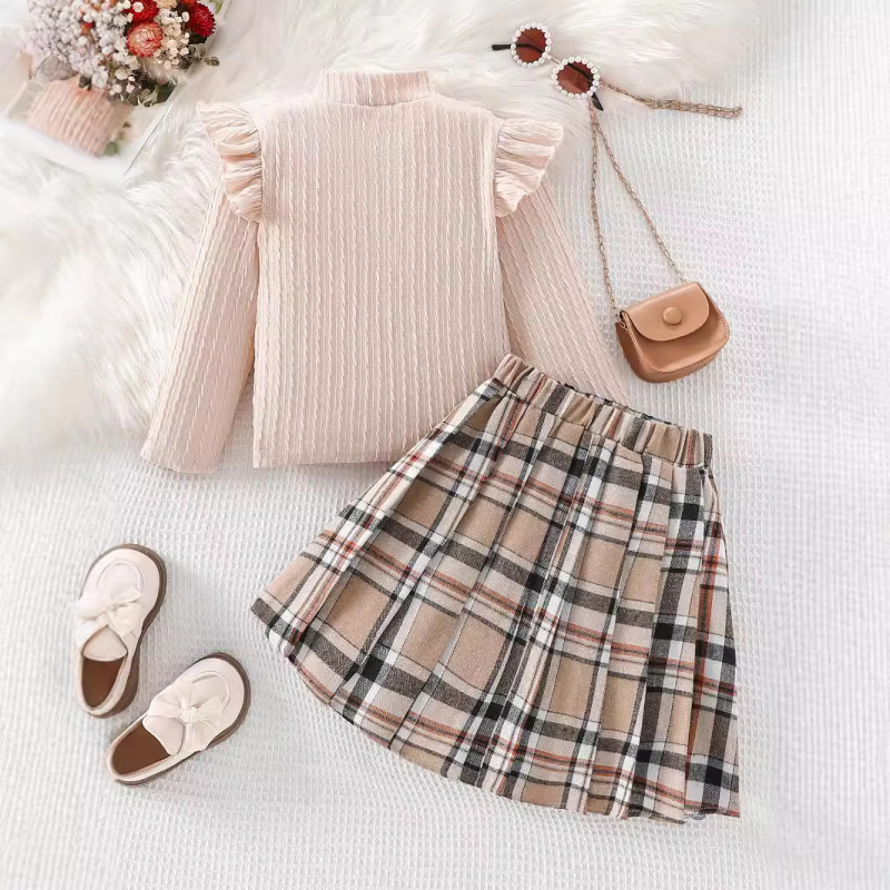 Sügisekspordi tüdrukute kootud dressipluus pikkade varrukatega triibuline ülikonnaseelik Euroopa ruuduline seelik laste kaheosaline volditud seelik