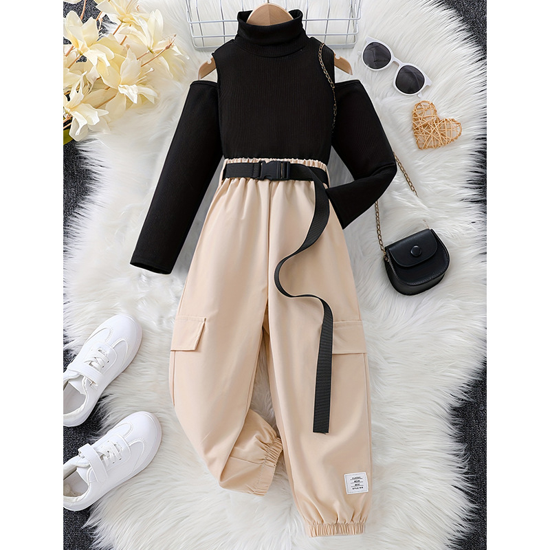 Prekogranične jesenske djevojačke zgodne hlače od hrpe, dvodijelne pletene hlače s otvorenim ramenima i gornjim pojasom, ležerne hlače s vezanim nogavicama