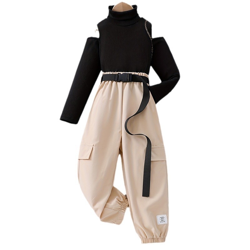 Prekogranične jesenske djevojačke zgodne hlače od hrpe, dvodijelne pletene hlače s otvorenim ramenima i gornjim pojasom, ležerne hlače s vezanim nogavicama