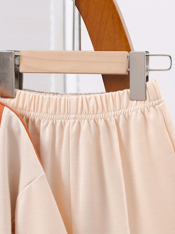 Φούτερ Εξωτερικού Εμπορίου για Κορίτσια σε Αντίθεση Χρωμάτων με Ραφή Φιόγκου, Χαλαρή Στρογγυλή Λαιμόκοψη, Μπλούζα με Ρανσέτα, Παντελόνι με Φαρδιά Πλευρά, Παιδικό Σετ Δύο Τεμαχίων