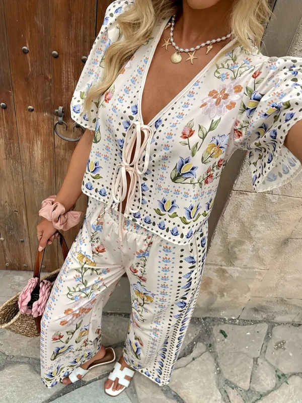 Moda femeilor independente Amazon, populare europene și americane, costum casual transfrontalier, nou, imprimat, bluză, pantaloni