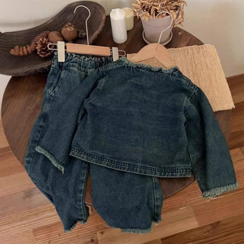 Κοστούμι για κορίτσια για άνοιξη και φθινόπωρο, κομψό, εξατομικευμένο, μοντέρνο, κορεάτικο στυλ, ρετρό τζιν παλτό, παντελόνι με φαρδιά γούνα