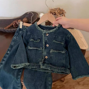 Κοστούμι για κορίτσια για άνοιξη και φθινόπωρο, κομψό, εξατομικευμένο, μοντέρνο, κορεάτικο στυλ, ρετρό τζιν παλτό, παντελόνι με φαρδιά γούνα