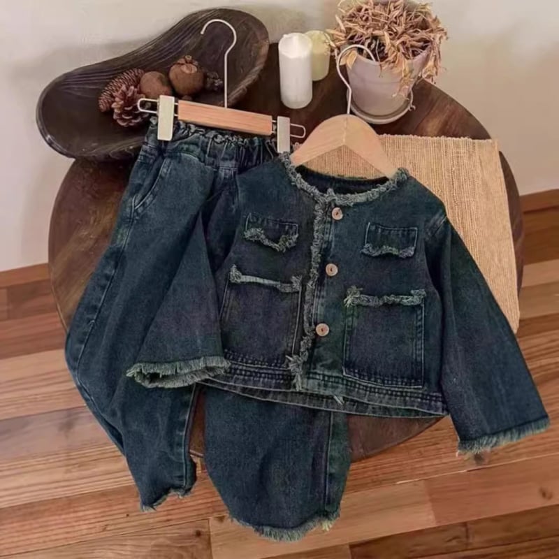 Proljetno i jesensko djevojačko odijelo, elegantno dječje personalizirano, moderno, marke, korejski stil, retro traper kaput, široke hlače s krznenim rubom