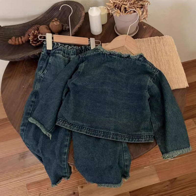 Proljetno i jesensko djevojačko odijelo, elegantno dječje personalizirano, moderno, marke, korejski stil, retro traper kaput, široke hlače s krznenim rubom