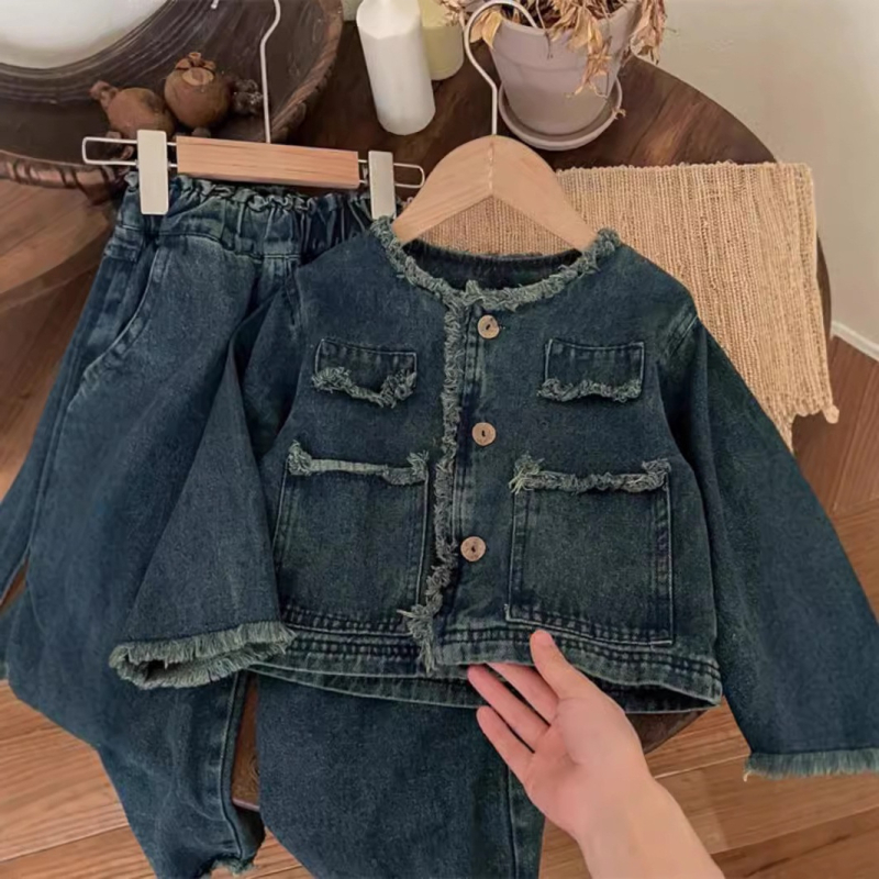 Proljetno i jesensko djevojačko odijelo, elegantno dječje personalizirano, moderno, marke, korejski stil, retro traper kaput, široke hlače s krznenim rubom