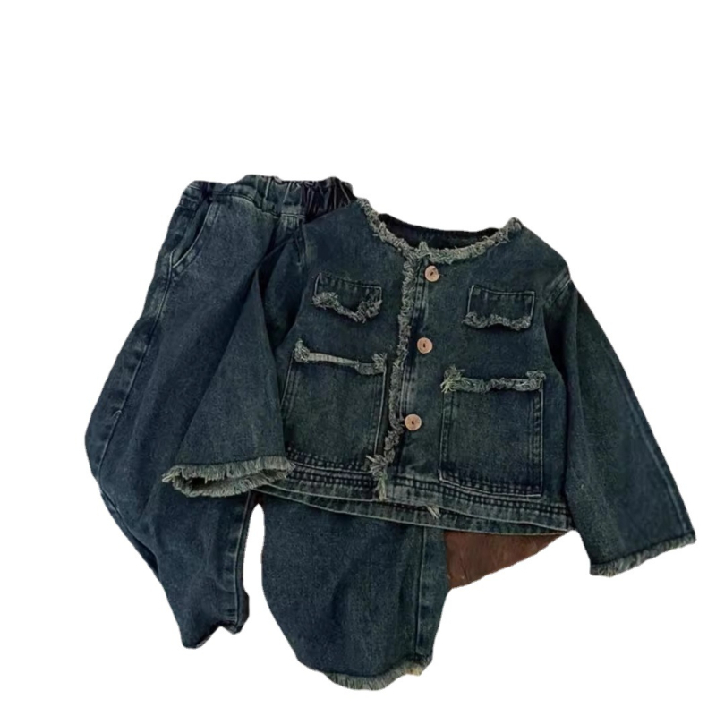 Proljetno i jesensko djevojačko odijelo, elegantno dječje personalizirano, moderno, marke, korejski stil, retro traper kaput, široke hlače s krznenim rubom