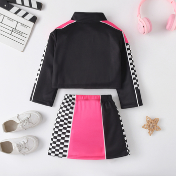 Ευρωπαϊκό και αμερικανικό στυλ νέων κοριτσιών σπορ μοτοσικλέτα στυλ γράμμα που ταιριάζει με το χρώμα μακρυμάνικο παλτό γιλέκο φούστα κοστούμι