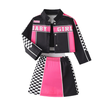Ευρωπαϊκό και αμερικανικό στυλ νέων κοριτσιών σπορ μοτοσικλέτα στυλ γράμμα που ταιριάζει με το χρώμα μακρυμάνικο παλτό γιλέκο φούστα κοστούμι