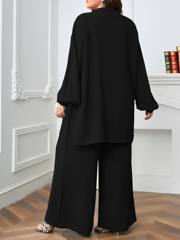 Euroopa ja Ameerika naiste uued lahtised V-kaelusega nööpidega laiad püksid vabaaja hingav elegantne kaheosaline komplekt