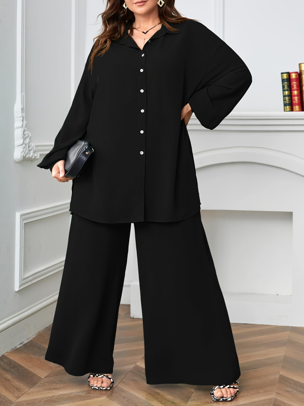Femeii europene și americane plus size nou Lejer V-neck cu nasturi Top pantaloni largi casual respirabil elegant set din două piese