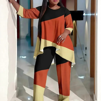 Amazon Aliexpressi naiste pluss-suuruses kontrastvärvi trükitud ümara kaelusega kaheosaline komplekt