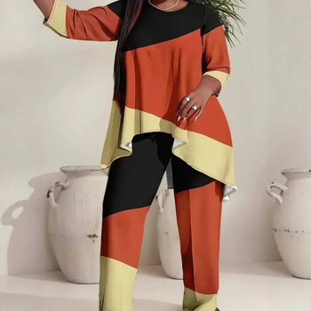 Amazon Aliexpressi naiste pluss-suuruses kontrastvärvi trükitud ümara kaelusega kaheosaline komplekt