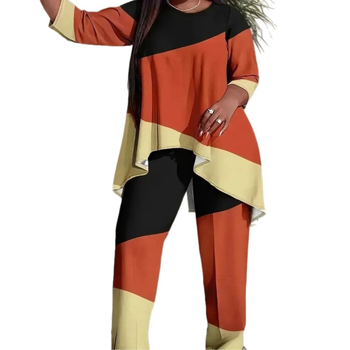 Amazon Aliexpressi naiste pluss-suuruses kontrastvärvi trükitud ümara kaelusega kaheosaline komplekt