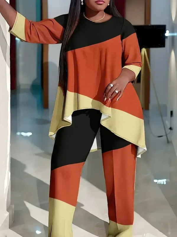 Amazon Aliexpressi naiste pluss-suuruses kontrastvärvi trükitud ümara kaelusega kaheosaline komplekt