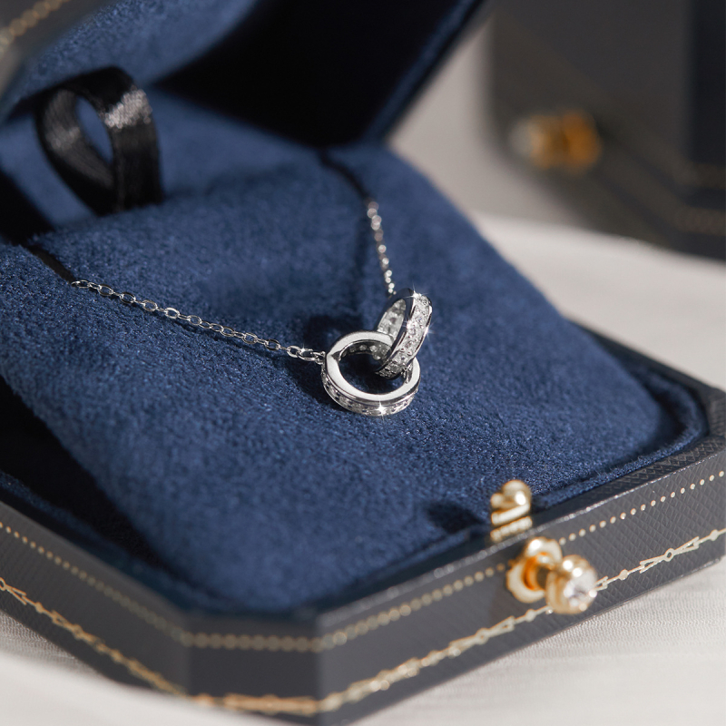 S925 Стерлингово сребро Двоен пръстен Колие Лек Луксозен Нишов Пръстен Верижка за Свети Валентин Най-добър приятел Момиче Изпрати приятелка