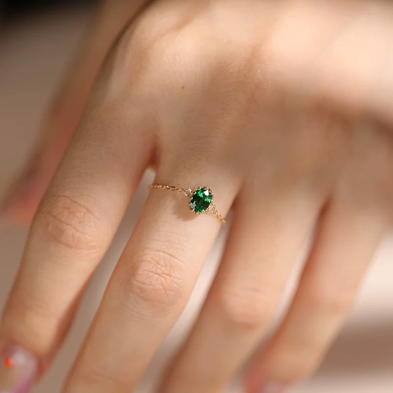 S925 sudrabots 14K Saffrey Rich Cazani zaļš ovāls sieviešu gredzens ar regulējamu ķēdīti