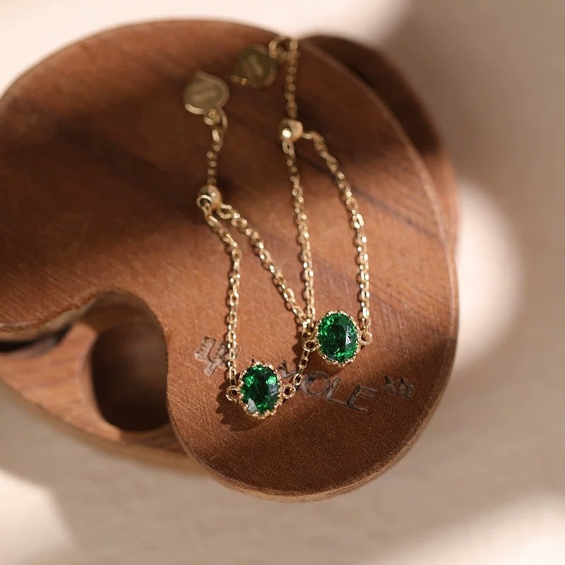 S925 sudrabots 14K Saffrey Rich Cazani zaļš ovāls sieviešu gredzens ar regulējamu ķēdīti