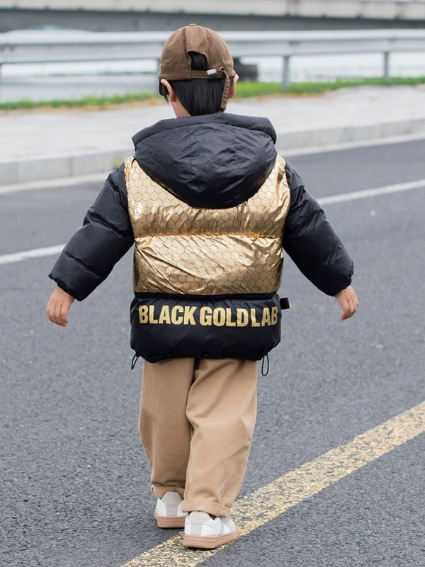 Nova originalna zimska dječja crno-zlatna zadebljana topla kratka puhasta jakna s kapuljačom za starije djevojčice