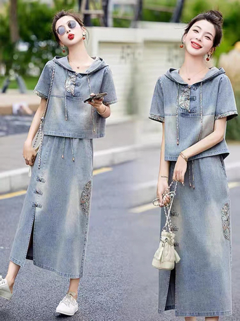 Õhuke teksariidest kleit, naiste ülikond 2025. aasta suvine uue stiili temperamendiga tikandid, uus hiina stiilis rahvusstiilis seelik