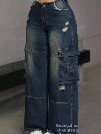 CargoJeansi naiste kombinesoonid, mitme taskuga teksad, lahtised sirged venivad püksid, piiriülene laoseis hulgimüügis