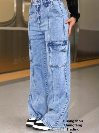 CargoJeansi naiste kombinesoonid, mitme taskuga teksad, lahtised sirged venivad püksid, piiriülene laoseis hulgimüügis