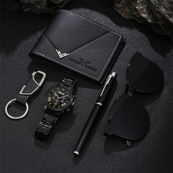 2025. gada pārrobežu dekorēšanas modes biznesa stilīgs pārnesumu ciparnīcas tērauda jostas vīriešu kvarca pulkstenis ar 5 daļu dāvanu kastīšu komplektu