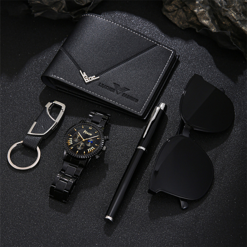 2025. gada pārrobežu dekorēšanas modes biznesa stilīgs pārnesumu ciparnīcas tērauda jostas vīriešu kvarca pulkstenis ar 5 daļu dāvanu kastīšu komplektu