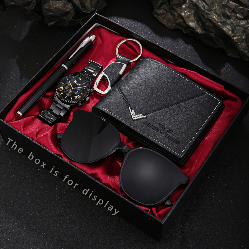 2025. gada pārrobežu dekorēšanas modes biznesa stilīgs pārnesumu ciparnīcas tērauda jostas vīriešu kvarca pulkstenis ar 5 daļu dāvanu kastīšu komplektu