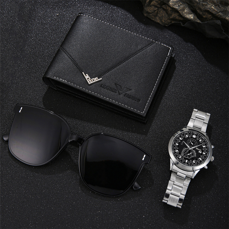 2025. aasta piiriülene uus moesuund meeste vabaaja spordi mitmekülgne terasribaga kvartskella 3-osaline kinkekarbi komplekt