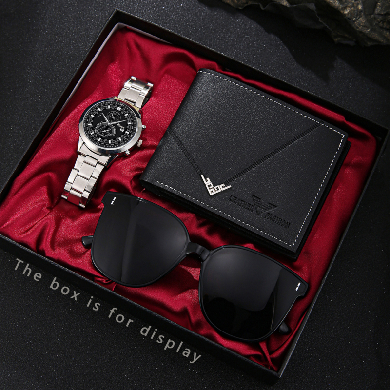 2025. aasta piiriülene uus moesuund meeste vabaaja spordi mitmekülgne terasribaga kvartskella 3-osaline kinkekarbi komplekt