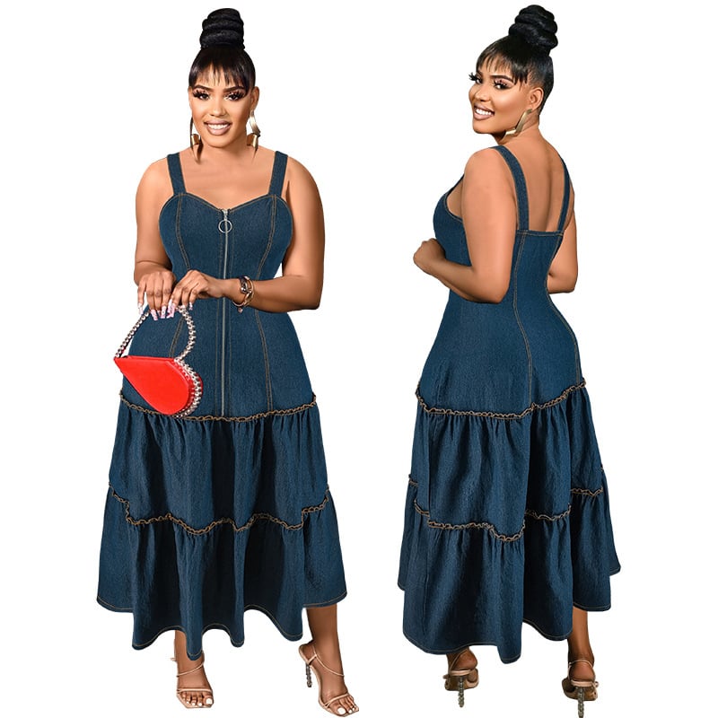 218500 Rochie lungă din denim, fără mâneci, fără guler, cu bretele, mărime plus, transfrontalieră, vânzare directă din fabrică, sursă, îmbrăcăminte pentru femei, mărime mare, transfrontalieră