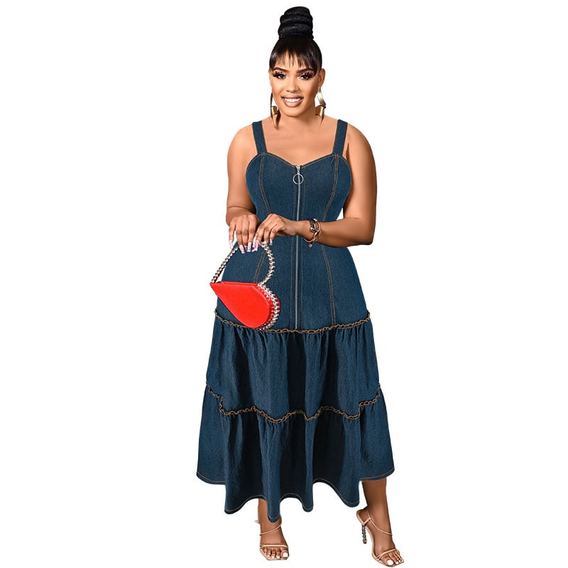 218500 Rochie lungă din denim, fără mâneci, fără guler, cu bretele, mărime plus, transfrontalieră, vânzare directă din fabrică, sursă, îmbrăcăminte pentru femei, mărime mare, transfrontalieră