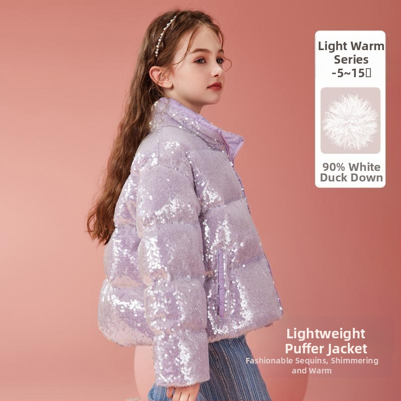 [90 samta] meiteņu dūnu jaka 2023. gada ziemas bērnu fliteru viegla, bieza dūnu jaka