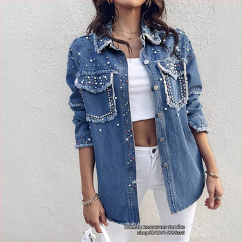 WMNL0001 Euroopa ja Ameerika piiriülene naiste helmestega kontrastne teksariidest pikkade varrukatega jakk