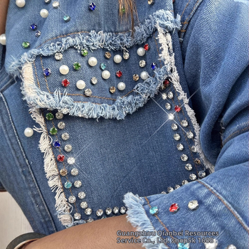 WMNL0001 Euroopa ja Ameerika piiriülene naiste helmestega kontrastne teksariidest pikkade varrukatega jakk