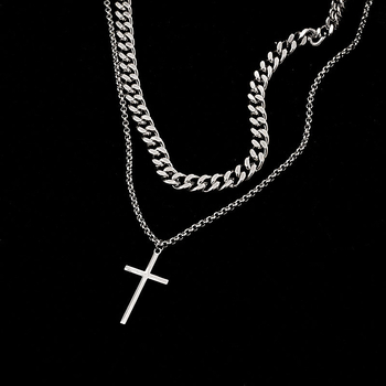 Κολιέ με διπλή στρώση από τιτάνιο και ατσάλι, κουβανέζικη χοντρή αλυσίδα, μοντέρνο, εξατομικευμένο μενταγιόν σταυρού από ανοξείδωτο ατσάλι, για γυναίκες