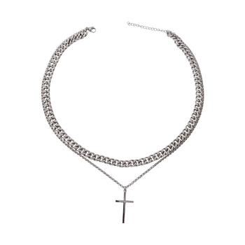 Κολιέ με διπλή στρώση από τιτάνιο και ατσάλι, κουβανέζικη χοντρή αλυσίδα, μοντέρνο, εξατομικευμένο μενταγιόν σταυρού από ανοξείδωτο ατσάλι, για γυναίκες