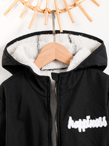 Μακρύ μπουφάν με κουκούλα και φλις επένδυση για κορίτσια, στενή μέση, μονόχρωμο, \