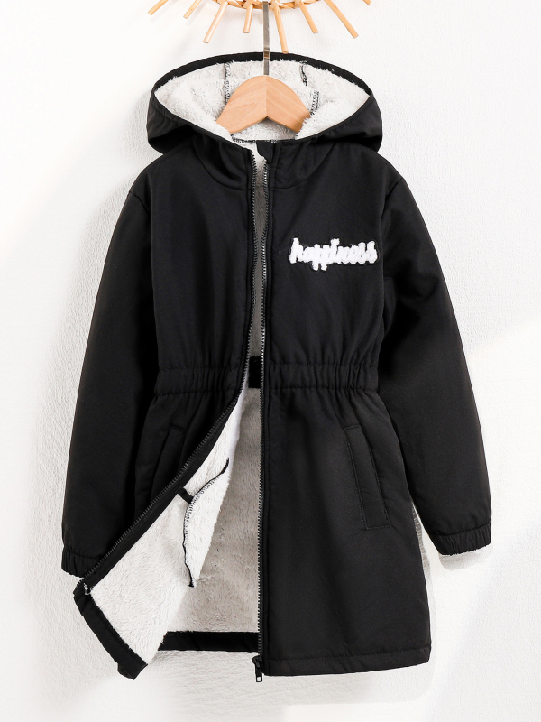 Tüdrukute pikk fliisvoodriga kapuutsiga jope lukuga, kitsa vöökohaga, ühevärviline "õnne" igapäevane jope