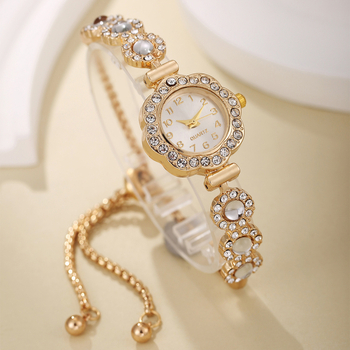2025 Νέο Κορεατικό Στυλ Όμορφο Ρολόι με Δαντέλα και Στρογγυλό Διαμαντένιο Μπρασελέ με Κράμα και Διαμάντια, Χαλαζία, Dropshipping