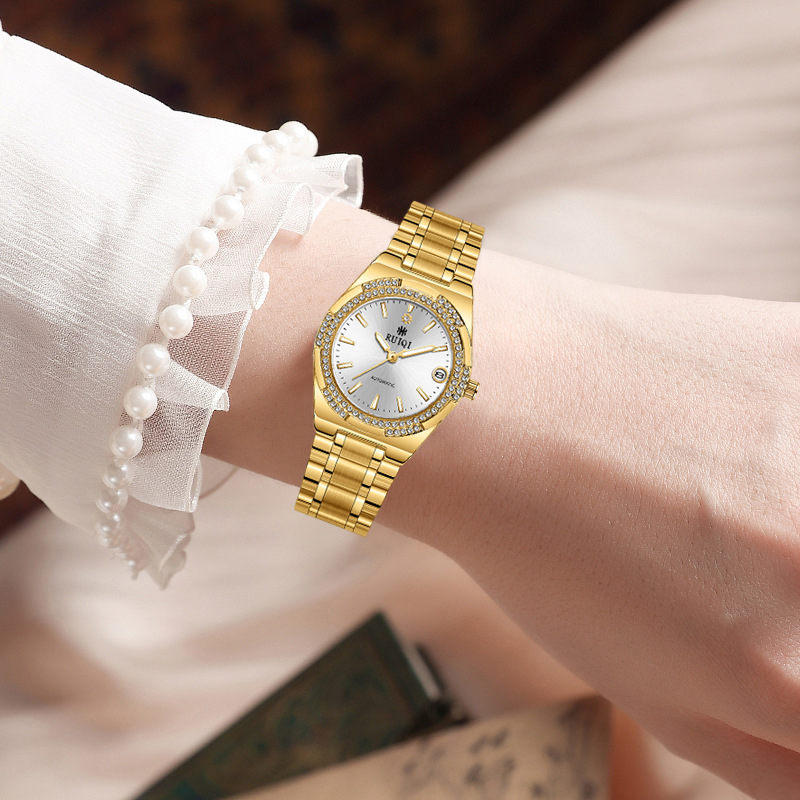 Ruiqi RUIQI piiriüleste plahvatuste kell veekindel helendav kuldne teemantmehaaniline kell