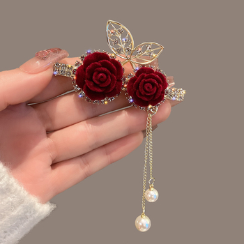 Κόκκινη βελούδινη φουρκέτα Full Diamond Light Luxury Finger Side Clip Cyber Celebrity Shiny Diamond Fringe Side Clip Duckreck Clip