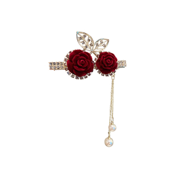 Κόκκινη βελούδινη φουρκέτα Full Diamond Light Luxury Finger Side Clip Cyber Celebrity Shiny Diamond Fringe Side Clip Duckreck Clip