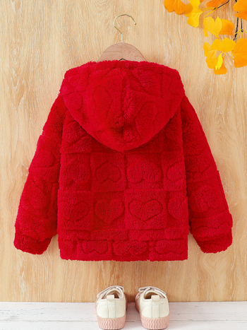 Κοριτσίστικο μονόχρωμο, βελούδινο, χαριτωμένο παλτό με μακριά μανίκια και φερμουάρ σε σχήμα καρδιάς, με κουκούλα