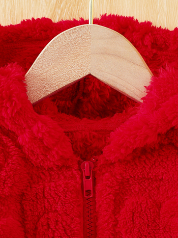 Κοριτσίστικο μονόχρωμο, βελούδινο, χαριτωμένο παλτό με μακριά μανίκια και φερμουάρ σε σχήμα καρδιάς, με κουκούλα