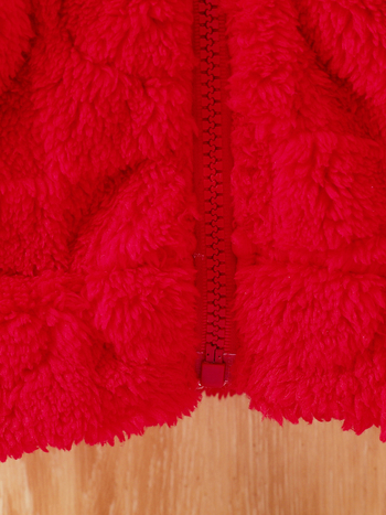 Κοριτσίστικο μονόχρωμο, βελούδινο, χαριτωμένο παλτό με μακριά μανίκια και φερμουάρ σε σχήμα καρδιάς, με κουκούλα