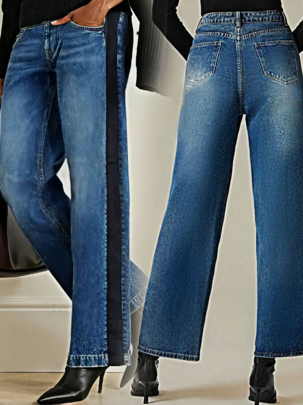 Pārrobežu Amazon Aliexpress Eiropas un Amerikas liela izmēra elastīgas, vidēji jostasvietas, taisnas džinsa bikses, salīmētas kontrastkrāsas džinsa bikses sievietēm