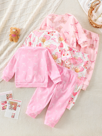 Φθινοπωρινό και Χειμερινό 6 τεμάχια για μωρά κορίτσια, ροζ, αρκουδάκι και φιόγκο, μακριά μανίκια με στρογγυλή λαιμόκοψη, χαριτωμένα και χαριτωμένα